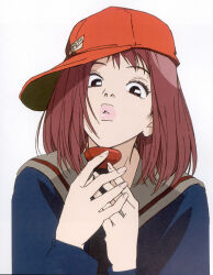 Rule 34 | 1girl, baseball bat, baseball cap, brown eyes, duplicate, flcl, hat, highres, official art, red hair, sadamoto yoshiyuki, samejima mamimi, school uniform, serafuku, shadow, short hair, simple background, solo, white background