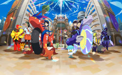 &gt;_&lt; 2others 3boys 3girls :&lt; absurdres arm_blade armarouge armor arms_at_sides artist_request arven_(pokemon) backpack bag bike_shorts black_footwear black_jacket black_leggings black_sclera black_sweater blue_armor blue_eyes blue_hair blue_headwear blue_necktie blue_sky blue_vest boots braid breast_pocket breastplate breasts bright_pupils brown_eyes brown_footwear brown_hair building castle ceruledge clavell_(pokemon) clenched_hand closed_eyes closed_mouth collared_shirt colored_sclera dark-skinned_female dark_skin day diffraction_spikes drawstring eevee elbow_gloves eye_trail fiery_hair fingerless_gloves fisheye flat_chest florian_(pokemon) forehead freckles from_behind from_side fuecoco full_body gen_1_pokemon glasses gloves gradient_hair green_eyes green_hair grey_eyes grey_hair grey_headwear grey_jacket grey_socks hair_over_one_eye half-closed_eyes hand_up hands_in_pockets hands_on_own_hips happy hat helmet high_ponytail highres holding holding_poke_ball hood hooded_sweater jacket juliana_(pokemon) koraidon leaning_forward lechonk leggings light_trail long_sleeves looking_at_viewer matching_hair/eyes medium_hair miniskirt miraidon multicolored_hair multiple_boys multiple_girls multiple_others necktie nemona_(pokemon) nintendo objectification official_art on_one_knee one_eye_covered open_mouth orange_eyes orange_hair orange_jacket orange_necktie orange_pants orange_shorts outdoors pants pawmi penny_(pokemon) pig pink_eyes pleated_skirt pocket poke_ball poke_ball_(basic) poke_ball_symbol poke_ball_theme pokemon pokemon_(creature) pokemon_sv ponytail premier_ball purple_hair purple_jacket purple_necktie purple_pants quaxly red_eyes red_footwear red_gloves red_hair riding round_eyewear school_uniform second-party_source see-through_clothes see-through_skirt shirt short_hair shorts shoulder_armor side_braid sidelocks single_braid single_glove sitting skirt sky small_breasts smile socks split_mouth split_theme sprigatito standing striped_clothes striped_pants striped_shorts sweater symmetry teeth tree two-tone_hair unmoving_pattern v-shaped_eyebrows vest weapon white_pants white_pupils white_shirt white_skirt window yellow_armor yellow_sclera yellow_vest