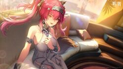 1girl armlet bare_shoulders black_bow bodysuit bow breasts copyright_notice couch earrings game_cg hair_bow hair_ornament hairband highres jewelry logo long_hair looking_at_viewer lupa_(wuthering_waves) medium_breasts metal_hairband missing_commentary official_art on_couch open_mouth pink_hair red_pupils sitting smile solo tail twintails white_bodysuit wolf_tail wrist_guards wuthering_waves yellow_eyes