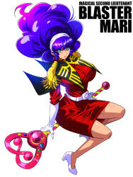 1girl blaster_mari breasts dress elbow_gloves faux_retro_artstyle full_body gloves green_eyes gundam highres holding holding_polearm holding_weapon large_breasts looking_at_viewer mahou_no_shoui_blaster_mari mobile_suit_gundam polearm purple_hair raisuta red_dress retro_artstyle smile solo weapon white_gloves