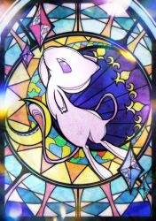 alternate_eye_color animal_focus arm_at_side arm_up black_border border covering_own_mouth crescent floating from_behind full_body gen_1_pokemon hand_to_own_mouth highres legendary_pokemon looking_at_viewer looking_back mew_(pokemon) multicolored_background mythical_pokemon nintendo no_humans pokemon pokemon_(creature) purple_eyes rize_(r) solo stained_glass