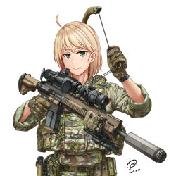 1girl ahoge battle_rifle blonde_hair camouflage commentary dated english_commentary female_focus gloves green_eyes gun h&amp;k_hk417 handgun highres holding holding_gun holding_weapon holster holstered jpc military military_uniform original pistol rifle scope short_hair signature solo weapon white_background