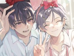 2boys animal_ear_hairband animal_ears barbell_piercing black_hair blue_shirt blush bow cat_ears closed_eyes closed_mouth collarbone collared_shirt ear_piercing earrings facing_viewer fake_animal_ears fang fang_out girly_boy hair_between_eyes hair_bow hair_ornament hairband hairclip hand_on_own_head heart heart_earrings highres jewelry male_focus multiple_boys mya_x_x open_mouth original parted_bangs piercing portrait purple_eyes rabbit_ear_hairband rabbit_ears red_bow selfie shirt short_hair skin_fang smile stud_earrings suspenders sweatdrop teeth v very_short_hair white_shirt yaoi