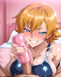 1boy 1girl ai-generated blue_eyes blush breasts handjob igawa_sakura large_breasts orange_hair short_hair swimsuit taimanin_(series) taimanin_asagi