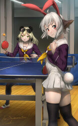 Rule 34 | 2girls, :&lt;, absurdres, alternate costume, animal ear fluff, animal ears, artist name, ass, ball, bear ears, black hair, black thighhighs, blonde hair, bob cut, breasts, bunny must die, bunny the honeywhite, cat ears, cat girl, ceiling light, chestnut mouth, clenched hand, closed mouth, commentary, commission, commissioner name, crossover, eyewear on head, fake animal ears, fist pump, fluorescent lamp, from behind, from side, gradient hair, green eyes, highres, holding table tennis paddle, indoors, legs apart, long hair, looking at viewer, looking back, looking to the side, mei-mei (murenase! shiiton gakuen), motion lines, multicolored hair, multiple girls, murenase! shiiton gakuen, neckerchief, open mouth, paddle, panda ears, panda girl, panties, pantyshot, playing games, playing sports, pleated skirt, purple shirt, rabbit ears, rabbit girl, rabbit tail, red eyes, red trim, sailor collar, school uniform, serafuku, shiiton gakuen school uniform, shirt, shoes, short hair, sidelocks, signature, skeb commission, skindentation, skirt, small breasts, smile, standing, sunglasses, table tennis, table tennis ball, table tennis net, table tennis paddle, tail, thighhighs, twisted torso, two-tone hair, underwear, uwabaki, welt (kinsei koutenkyoku), white footwear, white hair, white panties, white sailor collar, white shirt, white skirt, white trim, wooden floor, yellow neckerchief