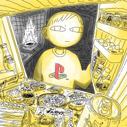&lt;o&gt;_&lt;o&gt; 1boy absurdres bottle can cheese closed_mouth coca-cola drink_can egg expressionless fire food frying_pan glass_bottle highres house indoors jar limited_palette long_sleeves looking_at_viewer male_focus no_pupils original playstation_logo pudding refrigerator refrigerator_interior ryaw shirt short_hair soda_can solo upper_body very_short_hair