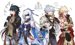 +++ ... 1girl 3boys absurdres ahoge ancient_greek_clothes antenna_hair armor artist_name bandaged_arm bandaged_leg bandages bandages_over_clothes bare_shoulders belt black_belt black_choker black_coat black_gloves black_ribbon black_shirt blade_(honkai:_star_rail) blindfold blonde_hair blue_dress blue_eyes blue_hair blue_ribbon blue_sleeves body_markings braid chinese_clothes choker closed_eyes cloud_print coat collarbone commentary_request covered_eyes cowboy_shot crescent crescent_print crossed_arms cuisses detached_sleeves dress earrings fingernails flower gauntlets gloves go_(roku) gold_armlet gold_belt gold_necklace gradient_hair greco-roman_clothes grey_hair grey_pants hair_between_eyes hair_ornament hair_over_eyes hair_ribbon hand_on_own_hip hand_up highres honkai:_star_rail honkai_(series) jacket jewelry jingliu_(honkai:_star_rail) long_sleeves moon_(ornament) multicolored_hair multiple_boys muscular muscular_male mydei_(honkai:_star_rail) necklace open_mouth pants phainon_(honkai:_star_rail) puffy_long_sleeves puffy_sleeves purple_hair red_hair red_ribbon ribbon shirt short_hair shoulder_armor sidelocks simple_background single_bare_shoulder single_braid single_earring sleeveless sleeveless_shirt smile speech_bubble spoken_ellipsis squiggle standing sun_symbol talking tassel thigh_strap watermark white_background white_flower white_hair white_jacket yellow_eyes
