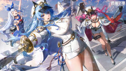 3girls aegis_(nikke) anchor_(nikke) belt blue_eyes blue_hair breasts cleavage copyright_name dutch_angle epaulettes gloves goddess_of_victory:_nikke hair_intakes hair_ribbon hat helm_(nikke) high_heels highres holding holding_sword holding_weapon insignia long_hair mast_(nikke) multiple_girls naval_jacket official_art open_mouth peaked_cap pink_eyes pink_hair ribbon shorts smile standing sword thigh_strap thighs third-party_source twintails weapon white_gloves white_shorts