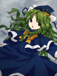 1girl blue_capelet blue_hat blue_jacket blue_skirt capelet commentary_request green_eyes green_hair grey_background hat jacket long_hair long_sleeves mima_(touhou) neck_ribbon open_mouth retrochaossan ribbon skirt solo touhou touhou_(pc-98) wavy_hair white_trim yellow_ribbon