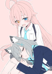 Rule 34 | 2girls, absurdres, ahoge, animal ear fluff, animal ears, aqua necktie, aqua scarf, blue archive, blue eyes, closed eyes, commentary request, cross hair ornament, grey hair, hair ornament, halo, hand on another&#039;s head, heterochromia, highres, hoshino (blue archive), lap pillow, long hair, medium hair, mistel (sukebemistel), multiple girls, necktie, no halo, open mouth, pink background, pink hair, pink halo, scarf, shiroko (blue archive), simple background, sleeping, wolf ears, wolf girl, yellow eyes