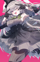 1girl absurdres akazaki_yukino armpits black_dress black_gloves black_hat blue_archive brown_pantyhose commentary crossed_bangs detached_sleeves double_v dress gloves grey_hair hat highres long_hair official_alternate_costume one_eye_closed open_mouth pantyhose pink_background purple_eyes sakurako_(blue_archive) sakurako_(idol)_(blue_archive) solo standing standing_on_one_leg striped_clothes striped_pantyhose sweat teeth upper_teeth_only v vertical-striped_clothes vertical-striped_pantyhose wide_sleeves