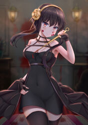 Rule 34 | 1girl, absurdres, backlighting, bare shoulders, black choker, black dress, black gloves, black hair, black thighhighs, blood, blood drip, blood on face, blood on wall, blood splatter, bloody weapon, blurry, blurry background, blush, breasts, breasts apart, choker, closed mouth, collarbone, commentary, covered navel, cowboy shot, dagger, dress, eyelashes, eyes visible through hair, fingerless gloves, floating hair, flower, fuli (user dxkx3245), furrowed brow, gloves, gold hairband, groin, hair between eyes, hair bun, hair flower, hair ornament, hairband, hand on own hip, hand up, head tilt, highres, holding, holding weapon, indoors, knife, large breasts, long hair, looking at viewer, mature female, red eyes, rose, short dress, single hair bun, skindentation, sleeveless, sleeveless dress, smile, solo, split mouth, spy x family, stiletto (weapon), thighhighs, weapon, yellow flower, yellow rose, yor briar, zettai ryouiki