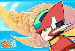 1girl aile_(mega_man_zx) anniversary armor artist_name blonde_hair blue_background copyright_name forehead_jewel green_eyes helmet long_hair mega_man_(series) mega_man_zx mega_man_zx_advent model_fx_(mega_man) model_hx_(mega_man) model_lx_(mega_man) model_px_(mega_man) profile red_armor red_helmet smile solo_focus tomycase upper_body