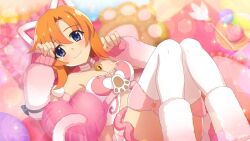 1girl animal_ears bell blue_eyes blurry breasts cat_ears cat_tail cleavage closed_mouth depth_of_field detached_sleeves dutch_angle fake_animal_ears fake_tail feet_out_of_frame fur-trimmed_skirt fur_trim game_cg hair_between_eyes head_on_pillow heart_cushion highres higurashi_no_naku_koro_ni higurashi_no_naku_koro_ni_mei knees_up looking_at_viewer lying medium_hair midriff miniskirt neck_bell non-circular_lens_flare non-web_source official_art on_back orange_hair paw_pose pillow pink_pillow ryuuguu_rena short_hair skirt smile solo sparkle tail thighhighs white_thighhighs
