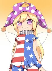 1girl american_flag_dress american_flag_legwear blonde_hair blush breasts chanpuru_(nicoseiga_67544477) cili_(cookie) closed_mouth clownpiece commentary_request cookie_(touhou) cowboy_shot dress fairy_wings gradient_background hat jester_cap long_hair looking_at_viewer neck_ruff orange_background pantyhose polka_dot_hat purple_eyes purple_hat small_breasts smile solo star_(symbol) star_print striped_clothes striped_dress striped_pantyhose touhou wings