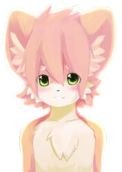 1boy 2000s_(style) animal_ears animal_nose commentary english_commentary furry furry_male maguro-chan male_focus original painttool_sai_(medium) pink_fur pink_hair short_hair simple_background smile solo suna_(maguro-chan) topless_male upper_body white_background
