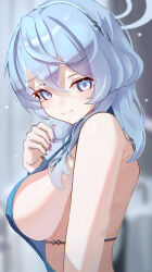 1girl absurdres ako_(blue_archive) ako_(dress)_(blue_archive) aqua_eyes aqua_hair backless_dress backless_outfit bare_shoulders blue_archive blue_dress blue_halo blush breasts closed_mouth dress hair_between_eyes hair_ornament halo highres large_breasts long_hair looking_at_viewer matutake_777 official_alternate_costume official_alternate_hairstyle purple_nails smile solo upper_body