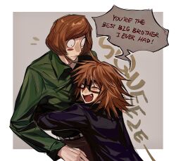2boys absurdres brothers brown_background brown_hair closed_eyes english_text fang glasses green_shirt highres hug imnotrlup luther_von_ivory male_focus medium_hair multiple_boys randal&#039;s_friends randal_ivory shirt short_hair siblings simple_background upper_body