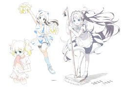 3girls alice_cartelet apron aris_(blue_archive) aris_(maid)_(blue_archive) arm_up bike_shorts black_hair blonde_hair blue_archive blue_eyes brown_eyes charm_(object) cheerleader crop_top dress full_body highres holding holding_mop holding_pom_poms idolmaster idolmaster_cinderella_girls kin-iro_mosaic long_hair maid maid_apron mary_janes mop multiple_girls name_connection navel open_mouth pantyhose papiyon1297 pom_pom_(cheerleading) pom_poms ponytail shoes shorts skirt smile sneakers tachibana_arisu twintails very_long_hair white_pantyhose