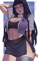 1girl arm_up artist_name black_hair blunt_bangs blush border breasts byakugan cleavage crop_top fishnet_top fishnets highres hyuuga_hinata inspy_art jacket large_breasts long_hair midriff miniskirt naruto_(series) naruto_shippuuden navel no_pupils open_clothes open_jacket patreon_logo patreon_username purple_jacket side_slit skirt smile solo standing thick_thighs thighs white_border yin_yang