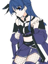 Rule 34 | 1girl, ampere (love live!), bare shoulders, black shirt, blue boots, blue coat, blue eyes, blue hair, blue skirt, boots, closed mouth, coat, commentary request, cowboy shot, crop top, cropped shirt, fishnet pantyhose, fishnets, frown, highres, kanduki kamibukuro, link! like! love live!, long hair, long sleeves, looking at viewer, love live!, midriff, miniskirt, mole, mole on neck, murano sayaka, official alternate costume, open clothes, open coat, pantyhose, pleated skirt, profile, puffy long sleeves, puffy sleeves, shirt, simple background, sketch, skirt, sleeveless, sleeveless shirt, solo, thigh boots, virtual youtuber, white background