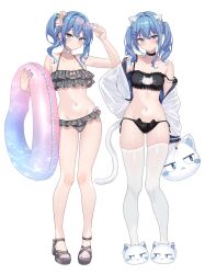 Rule 34 | 1girl, animal ear fluff, animal ears, bikini, black bra, black choker, black panties, blue eyes, blue hair, blue nails, blush, bow, bra, breasts, cat cutout, cat ear panties, cat ears, cat lingerie, cat tail, choker, cleavage cutout, clothing cutout, eyewear on head, frilled bikini, frills, full body, grey bikini, hair bow, hair ornament, hairclip, heart, heart-shaped eyewear, highres, hololive, hoshimachi suisei, jacket, kohaku (csacu), light blush, medium hair, nail polish, navel, open clothes, open jacket, panties, pink-tinted eyewear, plaid bikini, plaid clothes, sandals, side-tie panties, side ponytail, simple background, slippers, small breasts, star (symbol), star hair ornament, strap slip, sunglasses, swimsuit, tail, thighhighs, tinted eyewear, toenail polish, toenails, twintails, underwear, variations, virtual youtuber, white background, white bow, white jacket, white thighhighs