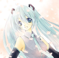 1girl 2000s_(style) :d black_sleeves blue_eyes blue_hair blue_necktie breasts collared_shirt commentary_request detached_sleeves grey_shirt hair_ornament hatsune_miku koruneiyu long_hair looking_at_viewer medium_breasts necktie open_mouth petals pink_background shirt sleeveless sleeveless_shirt smile solo twintails upper_body vocaloid
