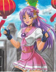 1girl 2020 absurdres asamiya_athena black_thighhighs bow breasts chinese_lantern choker collarbone female_focus fingerless_gloves gem gloves hair_ornament highres lantern large_breasts long_hair open_mouth paper_lantern pink_bow pink_choker pink_ribbon pink_serafuku pink_skirt psycho_soldier purple_eyes purple_hair ravernclouk_design red_bow ribbon school_uniform serafuku short_sleeves skirt snk solo star_(symbol) star_hair_ornament the_king_of_fighters thighhighs thighs traditional_media