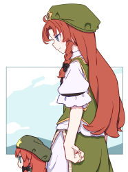 2girls absurdres beret black_bow blue_eyes blush_stickers bow braid closed_mouth commentary dual_persona frown fumo_(doll) green_hat green_skirt green_vest hair_bow hat hat_ornament highres hong_meiling kame_(kamepan44231) long_hair multiple_girls red_hair shirt short_sleeves single_braid skirt star_(symbol) star_hat_ornament touhou very_long_hair vest white_background white_shirt