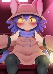 1boy 1girl :3 animal_ears animal_hat animal_nose baggy_clothes black_thighhighs blue_hair blush body_fur cat_ears cat_girl dagasi dress furry furry_female hands_on_waist hat highres light_bulb loli long_scarf long_sleeves looking_at_viewer moments_before_disaster multicolored_eyes niko_(oneshot) oneshot_(game) oversized_clothes pig_tail purple_hair ? scarf short_hair sitting slit_pupils surprised sweatdrop tail tan thighhighs thighs