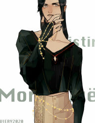1boy 2020 artist_name black_hair caranthir character_name collarbone dated elf grey_eyes hand_on_own_chin hand_on_own_face jewelry looking_to_the_side male_focus pointy_ears prince simple_background solo standing star_(symbol) the_silmarillion tolkien&#039;s_legendarium viery white_background