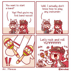 &gt;_&lt; 2girls 4koma animal_ears arknights black_headwear chibi comic commentary demon_horns english_commentary english_text grani_(arknights) grey_hair hat highres horns horse_ears instrument long_hair maracas multiple_girls necktie open_mouth pointy_ears ponytail red_eyes red_hair red_necktie shirt sweatdrop twitter_username very_long_hair vigna_(arknights) visor_(armor) visor_lift white_shirt wittle_red