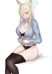 1girl @_@ absurdres animal_ear_fluff animal_ears black_bra black_panties black_pantyhose blonde_hair blue_archive blue_eyes blue_halo blue_shirt blush bra breasts cleavage dog_ears embarrassed extra_ears groin hair_over_one_eye halo helandyck highres kanna_(blue_archive) large_breasts long_hair looking_at_viewer open_mouth panties pantyhose rectangular_halo sharp_teeth shirt sitting solo teeth thighs underwear