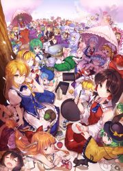 6+girls :d absolutely_everyone aki_minoriko aki_shizuha alice_margatroid american_flag_dress american_flag_legwear anchor animal_ears apron ascot basket black_bow black_dress black_hair black_ribbon black_skirt blonde_hair blue_eyes blue_hair blush blush_stickers boned_meat book bow braid brand_name_imitation brooch brown_eyes brown_hair bucket chain chen chen_(cat) cherry_blossoms chinese_clothes chopsticks cirno closed_mouth clownpiece cucumber cup daiyousei detached_sleeves disembodied_head doremy_sweet dragon_ball dress drinking earmuffs eating everyone fairy_wings fire flandre_scarlet flying food frog_hair_ornament fruit fujiwara_no_mokou futatsuiwa_mamizou gloves gradient_hair green_eyes green_hair green_hat grin hair_between_eyes hair_bow hair_ornament hair_ribbon hair_tubes hairband hakurei_reimu hat hat_ribbon hata_no_kokoro hecatia_lapislazuli hieda_no_akyuu highres hijiri_byakuren himekaidou_hatate hinanawi_tenshi hong_meiling horikawa_raiko horns hoshiguma_yuugi houjuu_nue houraisan_kaguya ibaraki_kasen ibuki_suika imaizumi_kagerou inaba_mob_(touhou) inaba_tewi inubashiri_momiji izayoi_sakuya jacket jester_cap jewelry juliet_sleeves junko_(touhou) kaenbyou_rin kaenbyou_rin_(cat) kagiyama_hina kaku_seiga kamishirasawa_keine kasodani_kyouko kawashiro_nitori kazami_yuuka kijin_seija kirisame_marisa kishin_sagume kisume koakuma kochiya_sanae komeiji_koishi komeiji_satori konpaku_youmu konpaku_youmu_(ghost) kumoi_ichirin kurodani_yamame letty_whiterock light_purple_hair lily_white long_hair long_sleeves looking_at_viewer luna_child lunasa_prismriver lying lyrica_prismriver maribel_hearn mask meat medicine_melancholy merlin_prismriver mini-hakkero mini_person minigirl miyako_yoshika mizuhashi_parsee mob_cap mononobe_no_futo moriya_suwako motoori_kosuzu multicolored_hair multiple_girls multiple_tails murasa_minamitsu mystia_lorelei nagae_iku nazrin neck_ruff notebook on_back on_stomach one_eye_closed onozuka_komachi open_clothes open_jacket open_mouth orange_eyes orange_hair outdoors pantyhose parasol patchouli_knowledge peach pink_eyes pink_hair plaid_clothes plaid_skirt plaid_vest plate polka_dot poster_(object) puffy_long_sleeves puffy_short_sleeves puffy_sleeves purple_hair purple_skirt rabbit rabbit_ears raccoon_ears raccoon_tail reading red_bow red_eyes red_hair red_ribbon red_skirt reisen reisen_udongein_inaba reiuji_utsuho reiuji_utsuho_(bird) remilia_scarlet ribbon ribbon-trimmed_sleeves ribbon_trim ringo_(touhou) rumia saigyouji_yuyuko sakazuki saliva school_uniform seiran_(touhou) sekibanki shameimaru_aya shawl shiki_eiki short_hair short_sleeves siblings side_braid single_braid single_horn single_wing sisters sitting skirt skirt_set sleeping sleeves_past_wrists smile soga_no_tojiko standing star_(symbol) star_sapphire striped sukuna_shinmyoumaru sunny_milk sushi tail tapir_tail tatara_kogasa tate_eboshi tea teacup tokiko_(touhou) tokin_hat toramaru_shou torch touhou toyosatomimi_no_miko tree tsukumo_benben tsukumo_yatsuhashi twin_braids two_side_up two_tails u_u_zan umbrella unzan upside-down_book usami_renko usami_sumireko vest wakasagihime wanted_poster watatsuki_no_toyohime watatsuki_no_yorihime white_gloves wide_sleeves wings witch_hat wolf_ears wriggle_nightbug wrist_cuffs yagokoro_eirin yakumo_ran yakumo_yukari yasaka_kanako yellow_eyes yellow_ribbon
