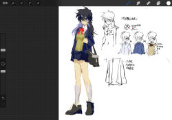 Rule 34 | 1girl, alternate costume, art tools in frame, bag, black hair, black shoes, blue eyes, bow, breasts, genderswap, genderswap (mtf), glasses, highres, jacket, long hair, red bow, rong301718, scar, scar on chest, school bag, school uniform, shirt, shoes, socks, souya high school uniform, tohno shiki, tsukihime, tsukihime (remake), vest, white shirt, yellow vest
