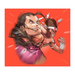 absurdres angry bengus border brown_eyes brown_hair capcom_vs_snk clenched_teeth dougi fingerless_gloves game_cg gloves hachimaki hand_wraps headband hibiki_dan highres joe_higashi kneeing male_focus muscular non-web_source official_art ponytail punching street_fighter teeth topless_male white_border