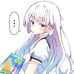 Rule 34 | ..., 1girl, :&lt;, artistic error, blue eyes, blunt ends, blush, closed mouth, commentary, food, from side, frown, hair behind ear, hair between eyes, hair ornament, hair ribbon, hairclip, highres, ice cream, jitome, long hair, looking at viewer, naruse shiroha, parallel hairclips, pink ribbon, pov, puffy short sleeves, puffy sleeves, ribbon, ringed eyes, school uniform, shirt, short sleeves, signature, simple background, solo, speech bubble, spoken ellipsis, summer pockets, summer pockets school uniform, toneriko86, upper body, very long hair, white background, white hair, white shirt