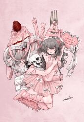Rule 34 | 1girl, blood, bound, bound arms, bow, cake, candle, chain, collar, dress, english text, food, grey eyes, grey hair, hair bow, hand on another&#039;s chest, hand up, highres, hug, looking at another, mirror, pink background, pink bow, pink dress, ribbon, simple background, skull, twintails, white bow, yumeko (devilxkid)