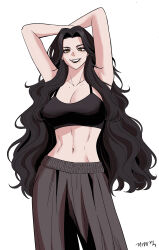 1girl arms_behind_head arms_up black_lips black_shirt breasts cleavage collarbone cowboy_shot crop_top gegegekman grey_pants highres large_breasts long_hair looking_at_viewer mole mole_on_chest mole_under_mouth navel original pants parted_hair shirt signature simple_background smile solo standing stomach very_long_hair wavy_hair white_background yellow_eyes