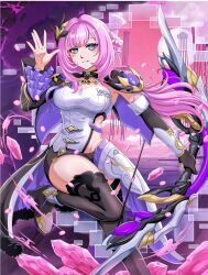 1girl absurdres black_gloves black_shorts boots bow_(weapon) breasts cleavage clothing_cutout commentary corset crystal_shards elf elysia_(honkai_impact) elysia_(miss_pink_elf)_(honkai_impact) english_commentary gloves high_heel_boots high_heels highres holding holding_bow_(weapon) holding_weapon honkai_(series) honkai_impact_3rd large_breasts long_hair looking_at_viewer parted_lips pink_hair pink_sky pointy_ears ryunato_al_fazh short_shorts shorts side_cutout single_glove sky solo thigh_boots thighs weapon white_corset