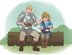 2boys :d armor blonde_hair boots bowl brown_eyes brown_footwear brown_hair brown_pants chopsticks commentary crossover dungeon_meshi english_commentary grey_pants highres holding holding_bowl holding_chopsticks laios_touden link male_focus multiple_boys mushroom nintendo open_mouth pants pointy_ears riz short_hair sitting sitting_on_log smile the_legend_of_zelda the_legend_of_zelda:_breath_of_the_wild