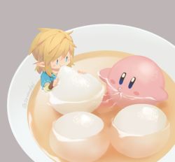 1boy 1other blonde_hair chibi earrings eating food gloves jewelry kirby kirby_(series) link long_hair natsuyon nintendo open_mouth pointy_ears simple_background smile soup super_smash_bros. the_legend_of_zelda the_legend_of_zelda:_breath_of_the_wild