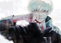 1boy 38_(mew_38) absurdres arm_up black_jacket eyes_visible_through_hair facial_tattoo gakuran hair_between_eyes high_collar highres huge_filesize inumaki_toge jacket jujutsu_kaisen long_sleeves looking_at_viewer male_focus parted_lips purple_eyes school_uniform short_hair simple_background solo tattoo upper_body white_background white_hair
