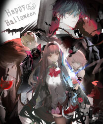 2boys 3girls absurdres bat_(animal) black_choker black_dress black_hairband black_hat black_jacket black_pantyhose blonde_hair blunt_bangs bow bowtie brown_eyes brown_hair choker collared_shirt cup dress eyepatch eyewear_on_head forever_7th_capital green_hair hair_between_eyes hair_over_one_eye hairband halloween hat highres holding holding_cup jacket long_hair medical_eyepatch mini_hat multiple_boys multiple_girls one_eye_covered pantyhose pink_hair red_bow red_bowtie rrrr_222 shirt short_hair sleeveless sleeveless_dress white_shirt yellow_eyes yumi_(forever_7th_capital) zhong_yao