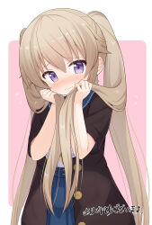 1girl ao_no_kanata_no_four_rhythm arisaka_mashiro black_shirt blue_skirt blush brown_hair commission embarrassed highres holding holding_own_hair long_hair looking_at_viewer mogura2009 pink_eyes school_uniform shirt short_sleeves skeb_commission skirt solo twintails very_long_hair white_shirt