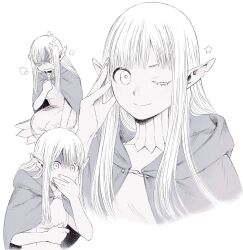 1girl cloak covering_own_mouth dungeon_meshi elf frs2 hand_over_own_mouth highres long_hair misyl_(dungeon_meshi) multiple_views one_eye_closed pointy_ears
