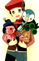 Rule 34 | &gt; &lt;, 1boy, blue eyes, blue pants, bonsly, crying, gen 4 pokemon, himari g (sr), holding, holding pokemon, lucas (pokemon), mime jr., nintendo, on shoulder, open mouth, pants, piplup, pokemon, pokemon (creature), pokemon dppt, pokemon on shoulder, rattle, red scarf, scarf, sweatdrop, tears, white background