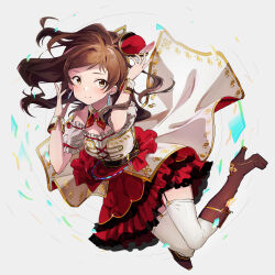 Rule 34 | 1girl, boots, brown boots, brown hair, closed mouth, detached sleeves, floating, floating hair, hat, high heel boots, high heels, idolmaster, idolmaster million live!, idolmaster million live! theater days, kitazawa shiho, knee boots, light blush, long hair, looking to the side, official alternate costume, puffy detached sleeves, puffy sleeves, red hat, shirop imas, sideways glance, smile, solo, thighhighs, white thighhighs, wrist cuffs