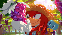 2boys big_the_cat chao_(sonic) dappled_sunlight eating food forest fruit furry furry_male gloves grapes hat holding holding_scissors knuckles_the_echidna male_focus master_emerald multiple_boys nature neutral_chao official_art outdoors purple_eyes scissors sonic_(series) straw_hat sunlight uno_yuuji white_gloves