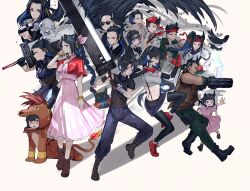 6+girls ;p absurdres advarcher aerith_gainsborough aerith_gainsborough_(cosplay) aged_down alternate_skin_color armor asymmetrical_horns bald bandana barret_wallace barret_wallace_(cosplay) biggs_(ff7) biggs_(ff7)_(cosplay) black_boots black_feathers black_gloves black_hair black_horns black_jacket black_necktie black_pants black_skirt black_sleeves black_thighhighs blue_hair blue_pants boots bracelet braid braided_ponytail breasts brown_boots brown_jacket buster_sword cait_sith_(final_fantasy) cait_sith_(final_fantasy)_(cosplay) character_costume chest_strap child closed_mouth cloud_strife cloud_strife_(cosplay) coat collared_shirt colored_inner_hair commentary cosplay cropped_jacket cropped_shirt detached_sleeves dress english_commentary facial_mark facial_scar feathers final_fantasy final_fantasy_vii final_fantasy_vii_remake forehead_mark gatling_gun gloves goggles goggles_on_head gold_bracelet hair_ribbon headband highres holding holding_sword holding_weapon hololive hololive_english horns jacket jailbird_(nerissa_ravencroft) jessie_rasberry jessie_rasberry_(cosplay) jewelry long_hair marlene_wallace marlene_wallace_(cosplay) medium_breasts mole mole_under_eye multicolored_hair multiple_girls navel necktie nerissa_ravencroft one_eye_closed pants pauldrons pink_dress pink_eyes ponytail prosthetic_weapon red_bandana red_gloves red_headband red_jacket red_shoes red_xiii red_xiii_(cosplay) reno_(ff7) reno_(ff7)_(cosplay) ribbon rude_(ff7) rude_(ff7)_(cosplay) rufus_shinra rufus_shinra_(cosplay) scar scar_on_cheek scar_on_face sephiroth sephiroth_(cosplay) shadow shirt shoes short_hair shoulder_armor simple_background skirt sleeveless sleeveless_jacket sleeveless_turtleneck smile spiked_hair suit_jacket sunglasses suspenders sword thighhighs tifa_lockhart tifa_lockhart_(cosplay) tongue tongue_out tseng tseng_(cosplay) turtleneck very_short_hair virtual_youtuber weapon wedge_(ff7) wedge_(ff7)_(cosplay) white_background white_coat white_shirt zack_fair zack_fair_(cosplay)